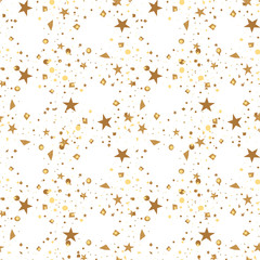 Christmas and New Year seamless pattern of gold stars and confetti for packaging, wrappers, fabrics and light industry. Vector image, background.