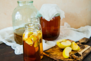 Kombucha mushroom tea, Kombucha. Method of preparation and cocktails in bottles.