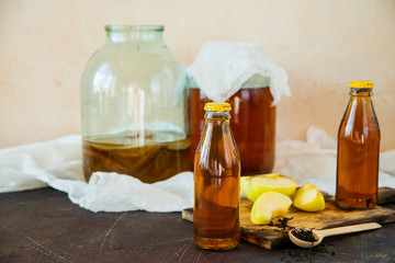 Kombucha mushroom tea, Kombucha. Method of preparation and cocktails in bottles.