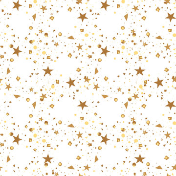 Christmas and New Year seamless pattern of gold stars and confetti for packaging, wrappers, fabrics and light industry. Vector image, background.