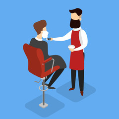 Barbershop salon interior with reception and sofa.