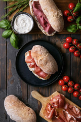 Home made ciabatta bread served with prosciutto