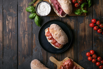 Home made ciabatta bread served with prosciutto