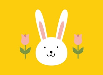 cute bright bunny face with tulips 
