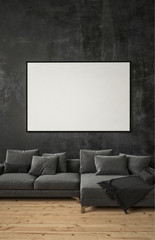 Grey couch in dark interior with copy space