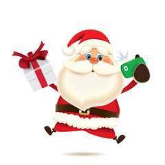 Santa Claus jumping and taking selfie isolated on a white background