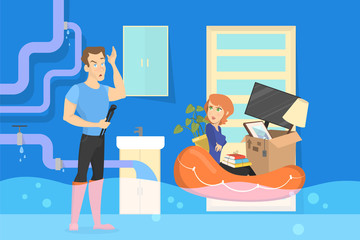 Family in the flooded apartment. Emergency case