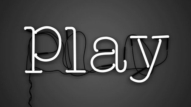 Play, scritta al neon, illustrazione 3d