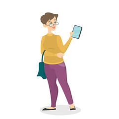 Woman standing and holding mobile phone in arm