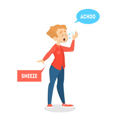 Boy with flu or cold sneezing. Common symptom