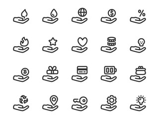 Vector icon set of hands holding various objects in outline style. Collection of concept  icons: favorite, star, flame, discount, money, cash, water, planet, idea and more.