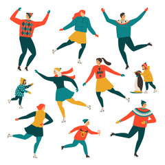 Crowd of tiny people dressed in winter clothes ice skating on rink. Men, women and children in seasonal outerwear on ice skates having fun outdoors. Colorful vector illustration in flat retro style.
