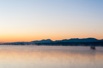 Morning mist at sunrise at the Comox estuary, Comox Valley, British Columbia
