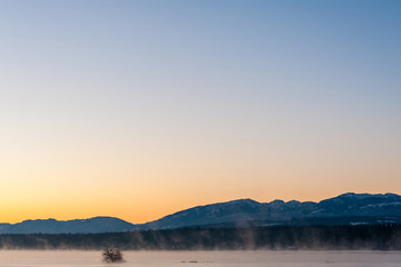 Morning mist at sunrise at the Comox estuary, Comox Valley, British Columbia