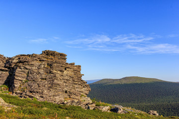 Mauntain landscape. Journey to the mountains. Panorama of the nature of the Northern Urals. Beautiful panoramic view.