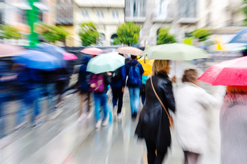 people walking in the rainy city with zoom effect