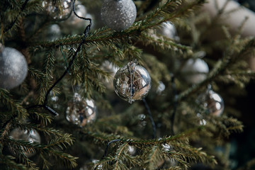 Decoration balls on a Christmas tree in loft