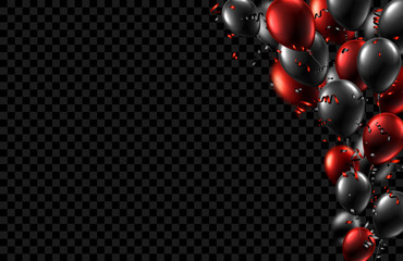 Festive background with black and red shiny balloons and confetti. © Vjom