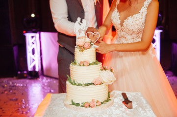 Wedding ceremony. Bride and groom cutting cake