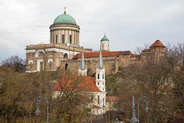 Fototapeta na wymiar Primatial Basilica of Virgin Mary and St. Adalbert - Esztergom cathedral, royal castle and church of St. Ignatius in Esztergom. Hungary