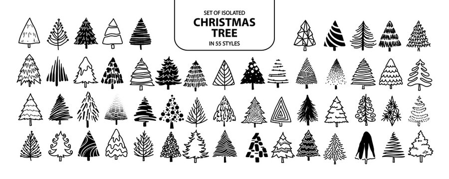 Set of isolated Christmas tree in 55 styles.