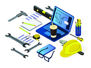 Work tool on the table of a design engineer. Laptop, constructions tool, coffee and smart phone. Isometric flat illustration
