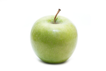 Juicy green apple isolated on white background. Side view