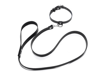 Black leather choker with a leash on a white background. Side view