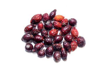 Red rosehip isolated on white background.
