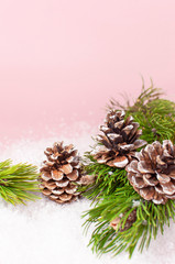 Christmas background, green pine branches, cones decorated with snow on snowy pink background. Creative composition with border and copy space design. New Year's, holiday, christmas, decoration