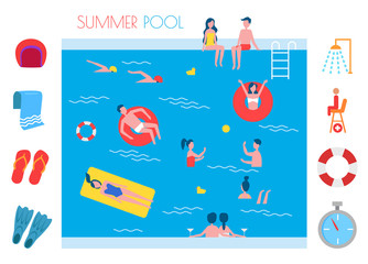 Summer Pool Basin and Icons Vector Illustration