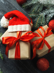Beautiful Christmas gift boxes in Santa hat