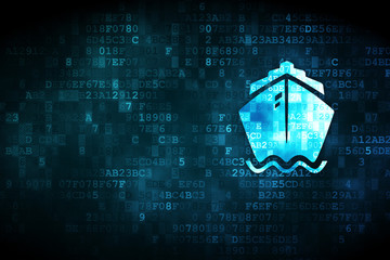 Vacation concept: pixelated Ship icon on digital background, empty copyspace for card, text, advertising
