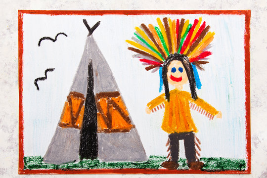 Colorful drawing: Smiling Indian in a headdress stands next to a teepee