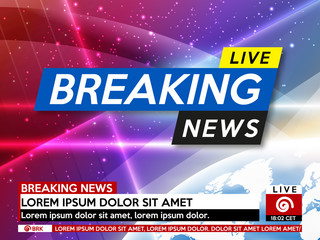 Background screen saver on breaking news. Breaking news live on pink background with planet earth. Vector illustration.