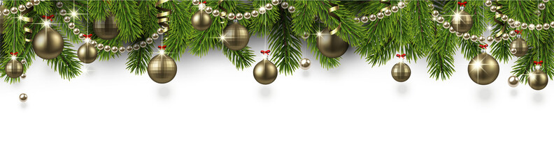 Christmas and New Year banner with fir branches and gold Christmas balls.