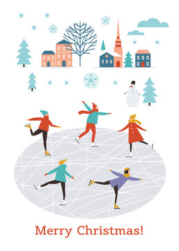 Vector flat illustration of people skating, winter scene, Merry Christmas or Happy New Year's card design