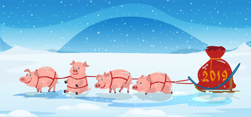 Pigs sled team and chrismas bag with numbers 2018. Winter background