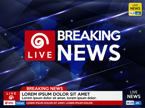 Background screen saver on breaking news. Breaking news live on blue background with world map.