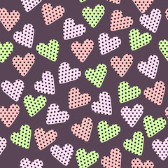 Vector seamless pattern with multicolor heart on dark backdrop. Can be used for fabric and textile, wrapping paper, design of banners, invitation, print on clothes. Creative girlish backdrop.