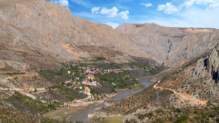 Aerial landscape view of Kemaliye town between valley in Kemaliye or Egin, Erzincan, Turkey