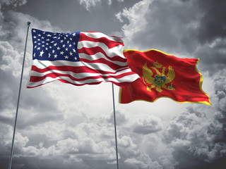 United States of America, USA & Montenegro Flags are waving in the sky with dark clouds