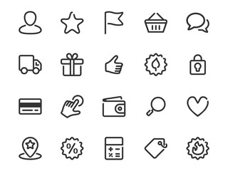 Set of thin line icons of shopping features. Collection of vector outline commerce icons