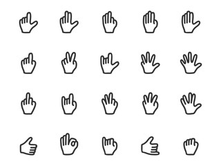 Vector set of gesture icons in outline style. Collection of hand icons: finger counting, stop, fist, devil horns, okay, victory sign