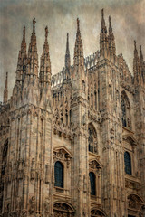 Fototapeta premium Old photo with architectonic details from the famous Milan Cathedral