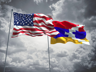 United States of America, USA & Nagorno Karabakh Flags are waving in the sky with dark clouds