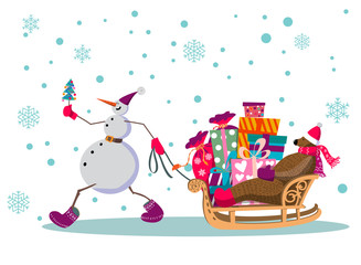 Cheerful snowman carries a big brown bear on a sleigh and presents. Bear in a hat and scarf. Horizontal color illustration on white background for different purposes.