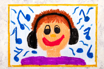Colorful drawing: A smiling boy with headphones on his ears listening to favorite music