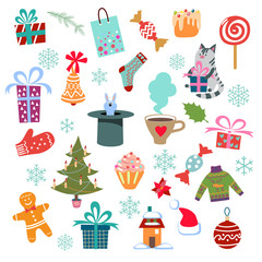 Christmas set with cartoon New Year characters. Collection of xmas elements for greeting card design .