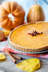 Homemade spicy pumpkin pie with cinnamon